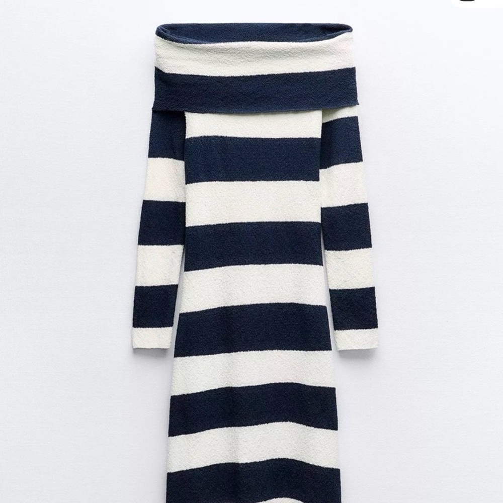 Zara Striped Long Sleeve Cowl Neck Midi Off-Shoulder Sweater Dress